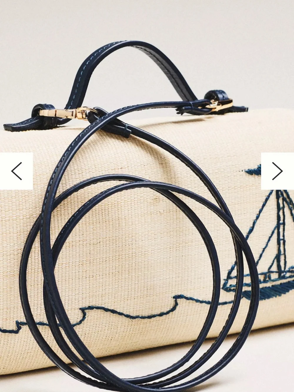 Cream Embroidered Sailboat Clutch with Black Top Handle